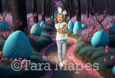 Easter Digital Backdrop - Magical Easter Path with Easter Eggs - Pastel Easter Forest Digital Background JPG