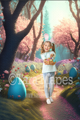 Easter Digital Backdrop - Magical Easter Path with Easter Eggs - Easter Forest Digital Background JPG