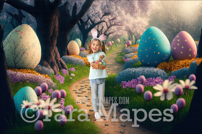 Easter Digital Backdrop - Magical Easter Path with Easter Eggs - Pastel Easter Forest Digital Background JPG