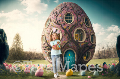 Easter Egg House Digital Backdrop - Magical Easter Egg House with Easter Eggs - Pastel Easter Land Digital Background JPG