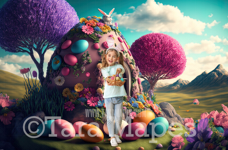 Easter Egg House Digital Backdrop - Magical Easter Egg House with Easter Eggs - Pastel Easter Land Digital Background JPG