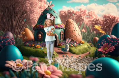 Easter Egg House Digital Backdrop - Magical Easter Egg House with Easter Eggs - Pastel Easter Land Digital Background JPG