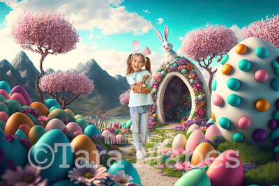 Easter Egg House Digital Backdrop - Magical Easter Egg House with Easter Eggs - Pastel Easter Land Digital Background JPG