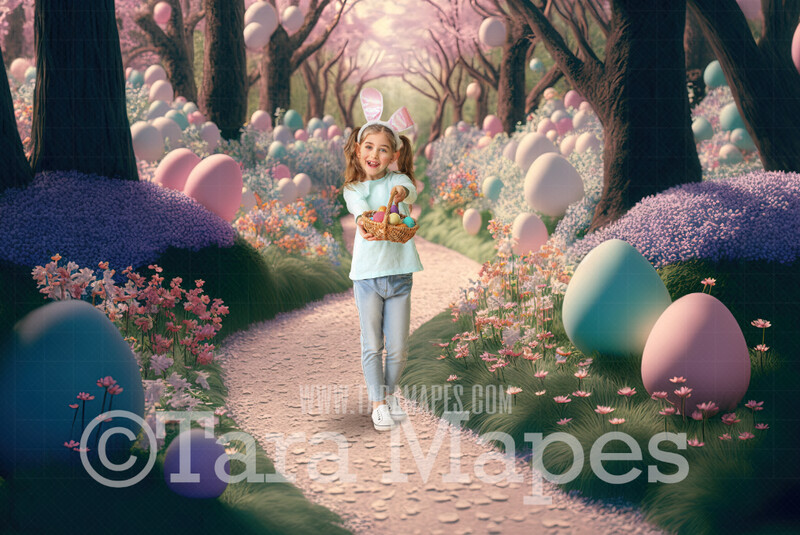 Easter Digital Backdrop - Magical Easter Path with Easter Eggs - Pastel Easter Forest Digital Background JPG