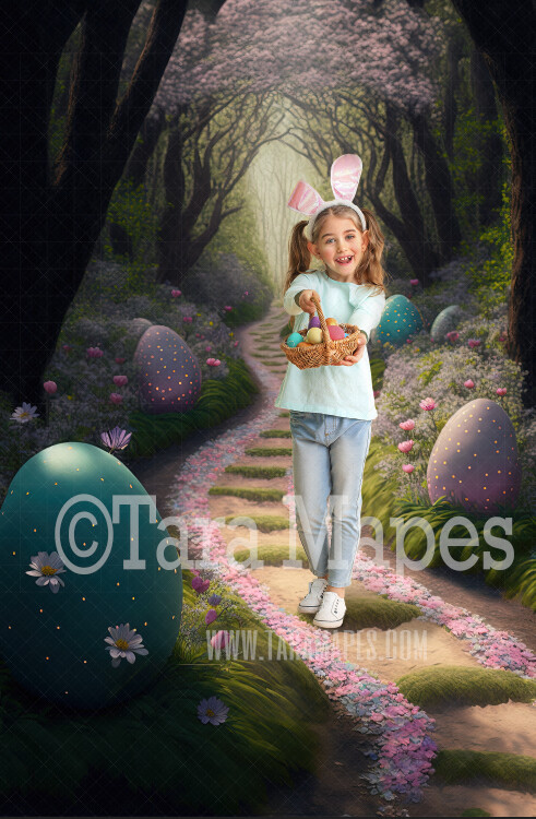 Easter Digital Backdrop - Magical Easter Path with Easter Eggs - Easter Forest Digital Background JPG