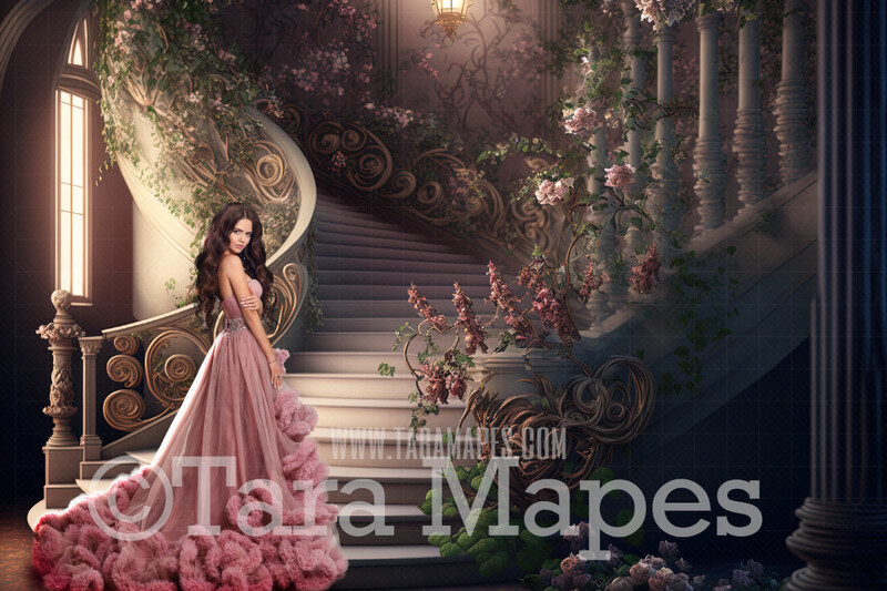 Fantasy Stairs Digital Backdrop - Castle Staircase with Cascading Roses - Flower Stairs - Floral Stairs -  Fairytale Valentine Digital Background JPG