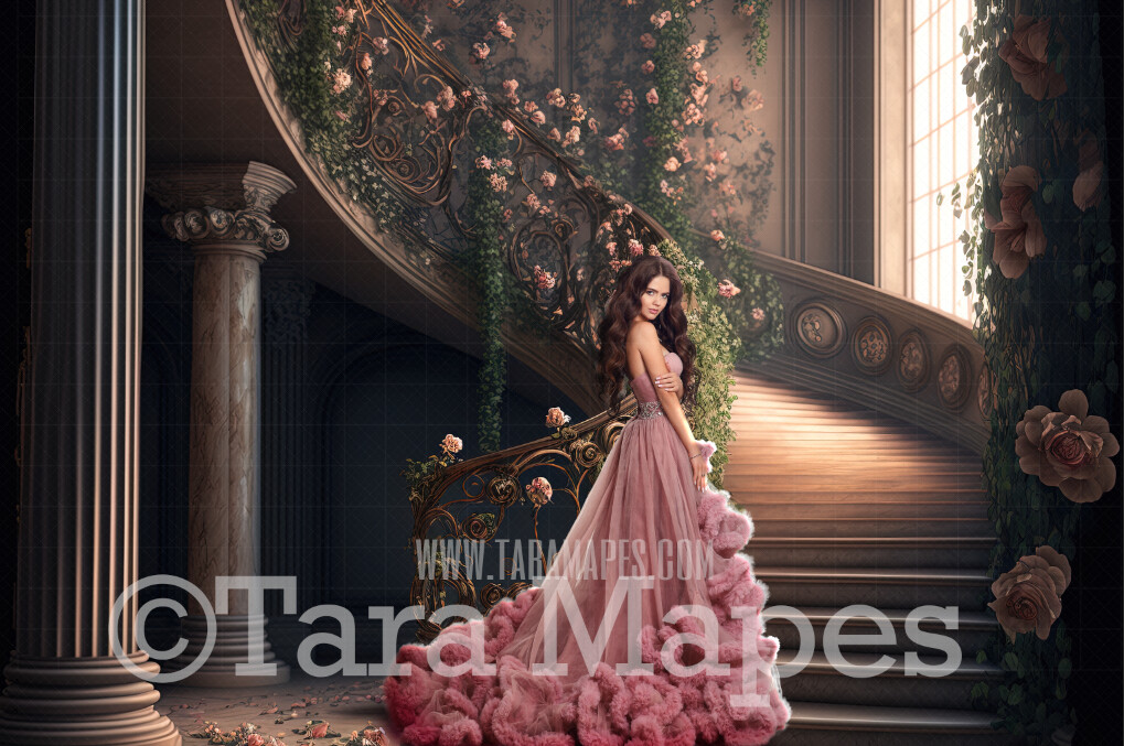 Fantasy Stairs Digital Backdrop - Castle Staircase with Cascading Roses - Flower Stairs - Fairytale Valentine Digital Background JPG