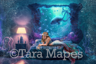 Mermaid Bedroom Digital Backdrop - Mermaid Room Digital Background - Mermaid Bed Underwater - Mermaid Digital Background JPG