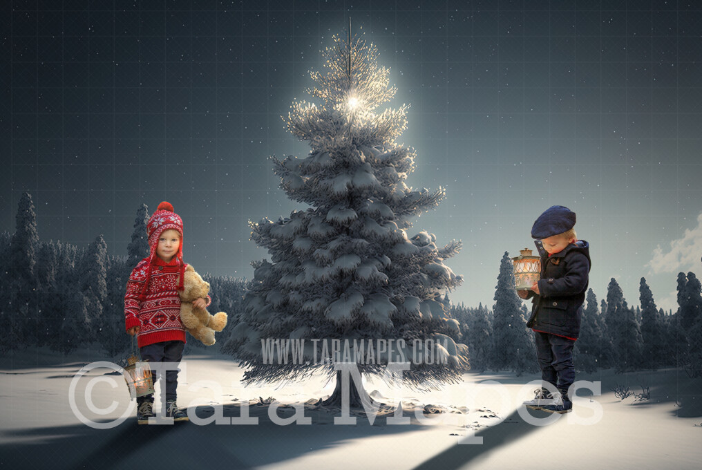 Christmas Tree Digital Backdrop - Vintage Christmas Tree - Painterly Christmas Tree at Night - Soft Nostalgic - Christmas Tree Digital Background - FREE SNOW OVERLAY included