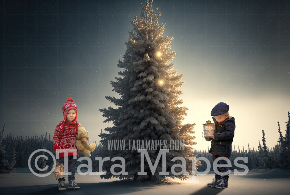 Christmas Tree Digital Backdrop - Vintage Christmas Tree - Painterly Christmas Tree at Night - Soft Nostalgic - Christmas Tree Digital Background - FREE SNOW OVERLAY included