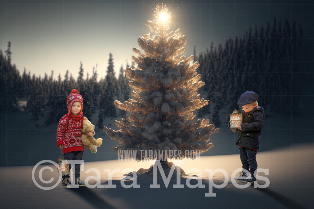 Christmas Tree Digital Backdrop - Vintage Christmas Tree - Painterly Christmas Tree at Night - Soft Nostalgic - Christmas Tree Digital Background - FREE SNOW OVERLAY included