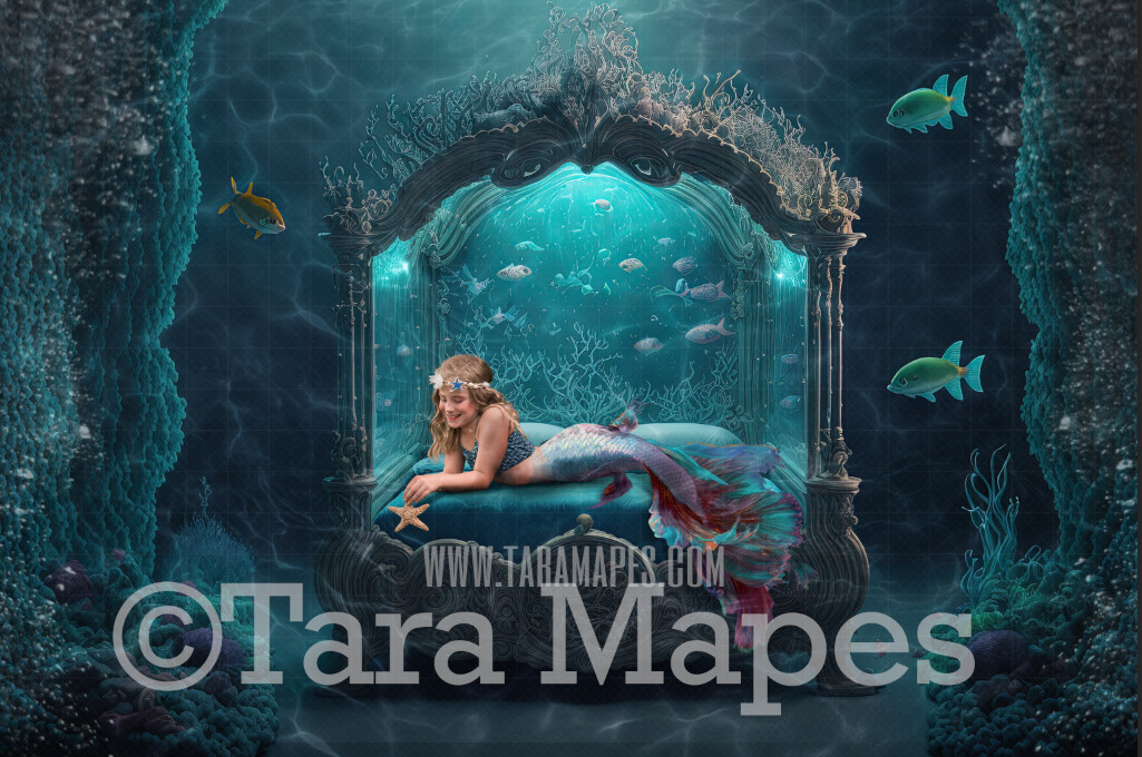 Mermaid Bedroom Digital Backdrop - Mermaid Room Digital Background - Mermaid Bed Underwater - Mermaid Digital Background JPG
