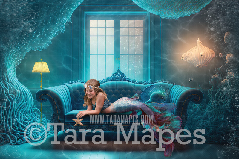 Mermaid Sofa Digital Backdrop - Mermaid Room Digital Background - Mermaid Lounge Livingroom Underwater - Mermaid Digital Background JPG