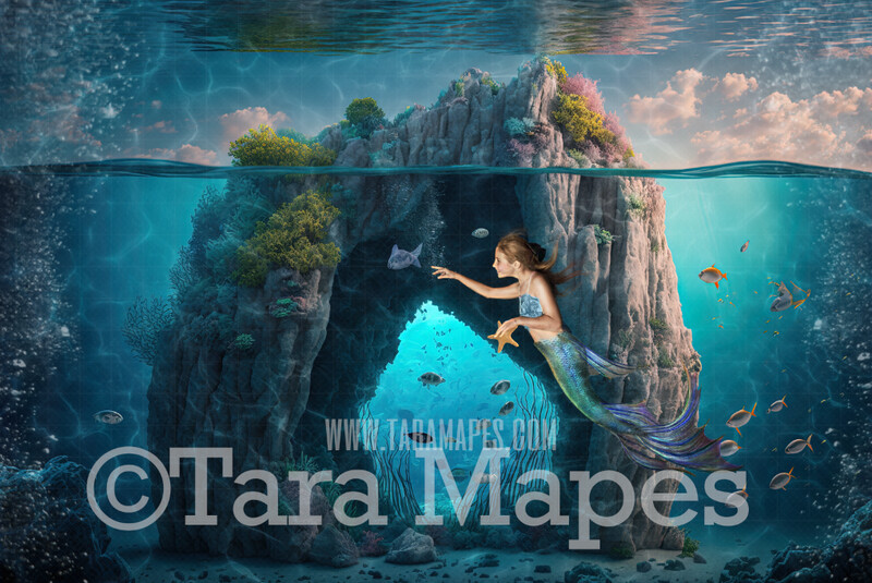 Mermaid Rock Arch Digital Backdrop - Ocean Partition - Underwater Rock Arch Digital Background - Underwater Ocean Scene - Digital Background JPG