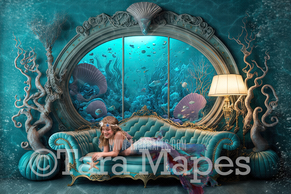 Mermaid Sofa Digital Backdrop - Mermaid Room Digital Background - Mermaid Lounge Livingroom Underwater - Mermaid Digital Background JPG