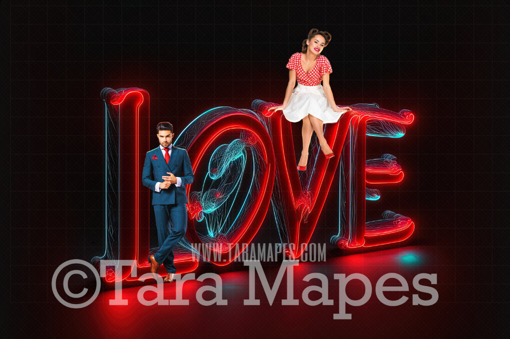 Valentine Digital Backdrop - LOVE Marquee Digital Background - Love in Red  Lights JPG - Neon Sign of the word LOVE - Vday Digital Background JPG