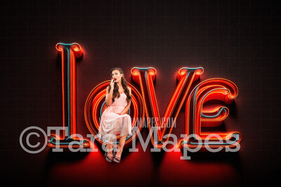 Valentine Digital Backdrop - LOVE Marquee Digital Background - Love in Red Lights JPG - Neon Sign of the word LOVE - Vday Digital Background JPG