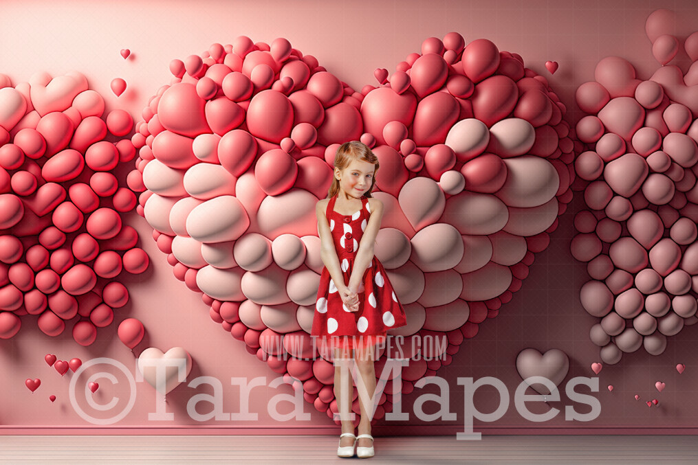 Valentine Digital Backdrop - Wall of Balloons in Shape of Heart - Pink and Red Heart Balloons Digital Backdrop - Pink Room Digital Background - Vday Digital Background JPG