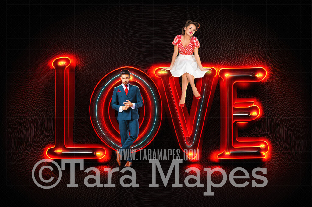 Valentine Digital Backdrop - LOVE Marquee Digital Background - Love in  Red Lights JPG - Neon Sign of the word LOVE - Vday Digital Background JPG