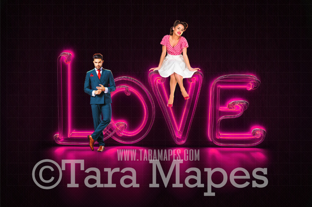 Valentine Digital Backdrop - LOVE Marquee Digital Background - Love in Pink Lights JPG - Neon Sign of the word LOVE - Vday Digital Background JPG
