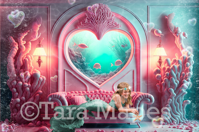 Valentine Mermaid Heart Sofa Digital Backdrop - Mermaid Room Digital Background - Mermaid Lounge Livingroom Underwater - Mermaid Digital Background JPG