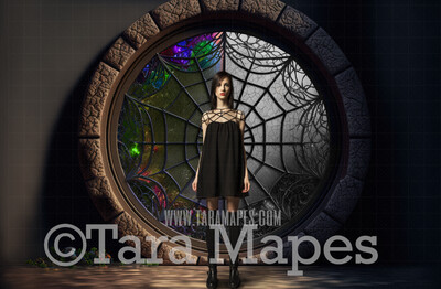 Spider Web Window Digital Backdrop - Circular Window in Castle Room - Half Rainbow Room Digital Backdrop - Nevermore Halloween Digital Background