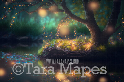 Fairy Pond Digital Backdrop - Magical Fairy Tree by Pond  - Fairy Digital Background JPG file