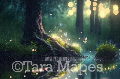 Fairy Pond Digital Backdrop - Magical Fairy Tree by Pond  - Fairy Digital Background JPG file