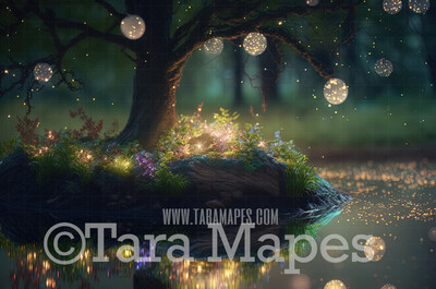 Fairy Pond Digital Backdrop - Magical Fairy Tree by Pond  - Fairy Digital Background JPG file