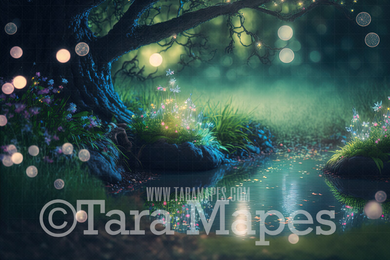 Fairy Pond Digital Backdrop - Magical Fairy Tree by Pond  - Fairy Digital Background JPG file