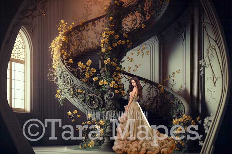 Fantasy Stairs Digital Backdrop - Castle Staircase with Cascading Flowers  - Flower Stairs -  Floral Stairs - Fairytale Valentine Digital Background JPG