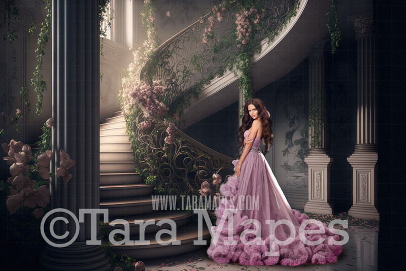 Fantasy Stairs Digital Backdrop - Castle Staircase with Cascading Flowers  - Flower Stairs -  Floral Stairs - Fairytale Valentine Digital Background JPG