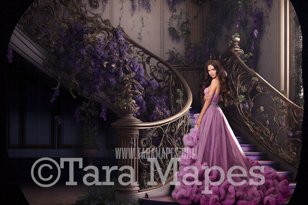 Fantasy Stairs Digital Backdrop - Castle Staircase with Cascading Flowers  - Flower Stairs -  Floral Stairs - Fairytale Valentine Digital Background JPG