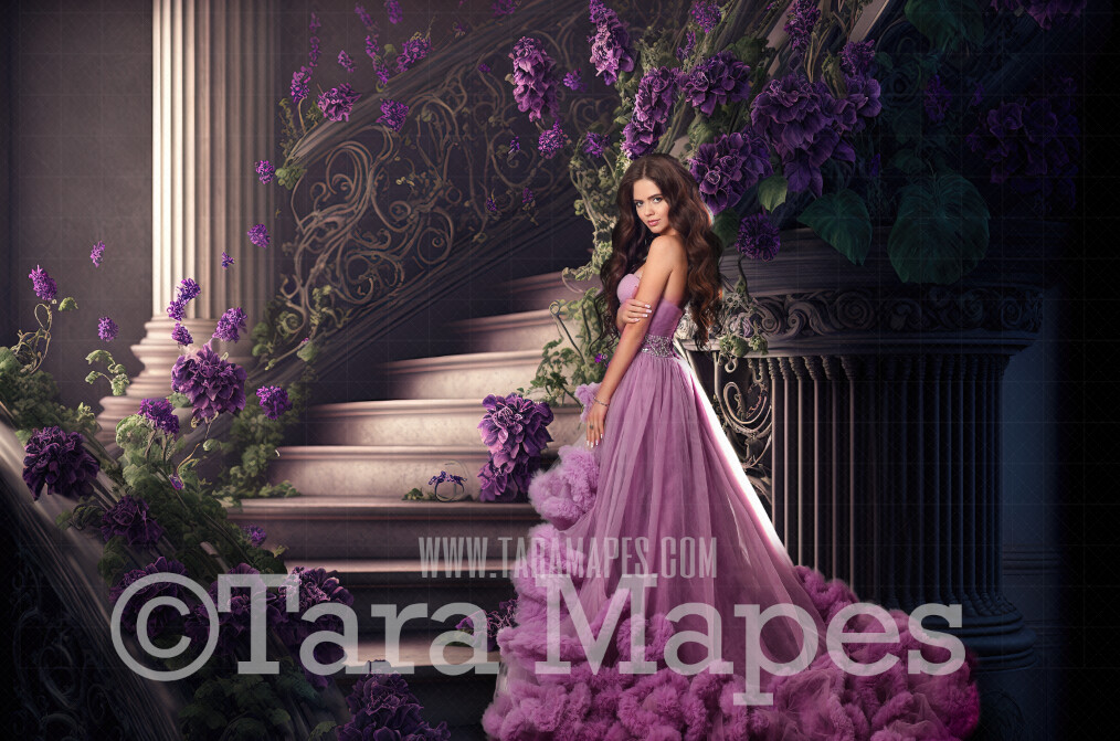 Fantasy Stairs Digital Backdrop - Castle Staircase with Cascading Flowers - Flower Stairs - Floral Stairs - Fairytale Valentine Digital Background JPG