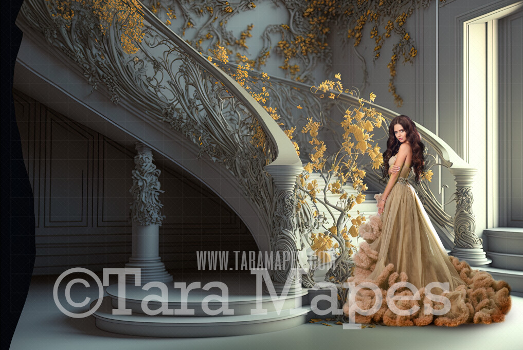 Fantasy Stairs Digital Backdrop - Castle Staircase with Cascading Flowers  - Flower Stairs -  Floral Stairs - Fairytale Valentine Digital Background JPG