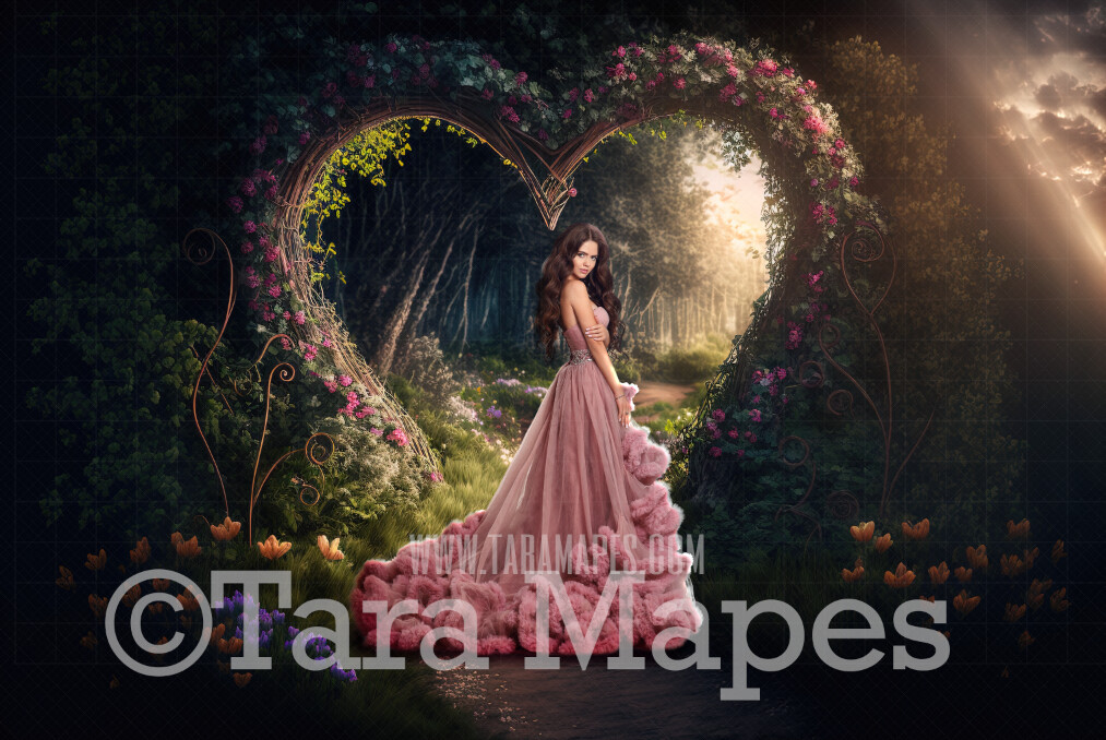 Floral Heart Path Digital Backdrop -  Valentine Forest with Magical Path Leading to Heart Arch of Flowers - Valentine Floral Forest - Fairytale Valentine Arch of Flowers Digital Background JPG