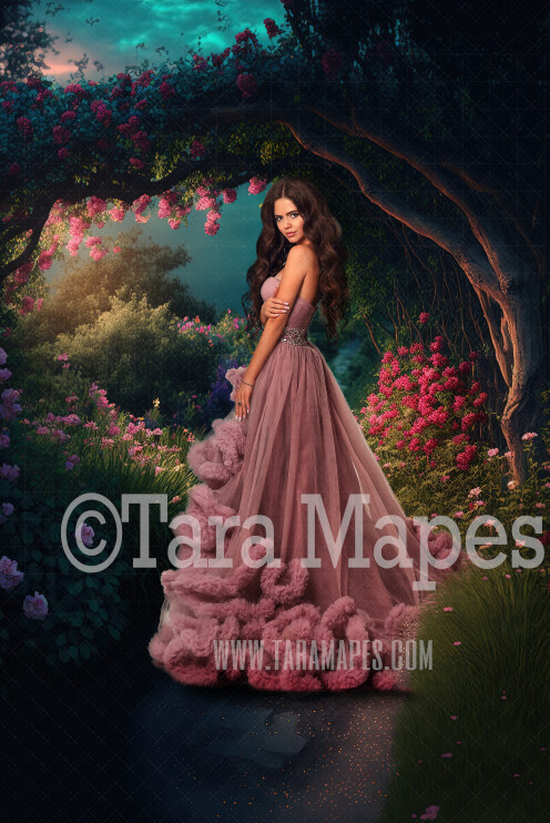 Garden Path Digital Backdrop - Path in Fantasy Garden - Floral Pathway - Cascading Flowers in Garden -  Digital Background JPG