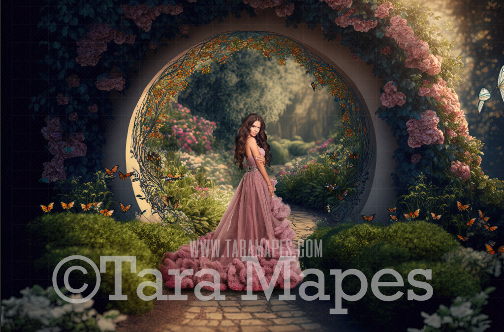 Garden Path Digital Backdrop - Path in Fantasy Garden - Floral Arch Pathway - Cascading Flowers in Garden -  Digital Background JPG