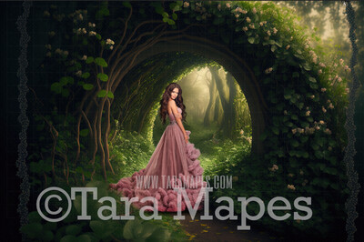 Enchanted Forest Digital Backdrop - Path in Fantasy Forest Garden - Floral Arch Pathway - Cascading Flowers in Garden -  Digital Background JPG