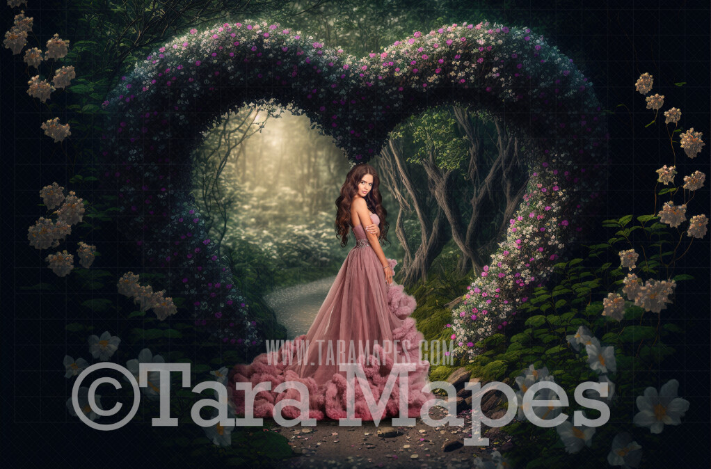 Floral Heart Path Digital Backdrop -  Valentine Forest with Magical Path Leading to Heart Arch of Flowers - Valentine Floral Forest - Fairytale Valentine Arch of Flowers Digital Background JPG