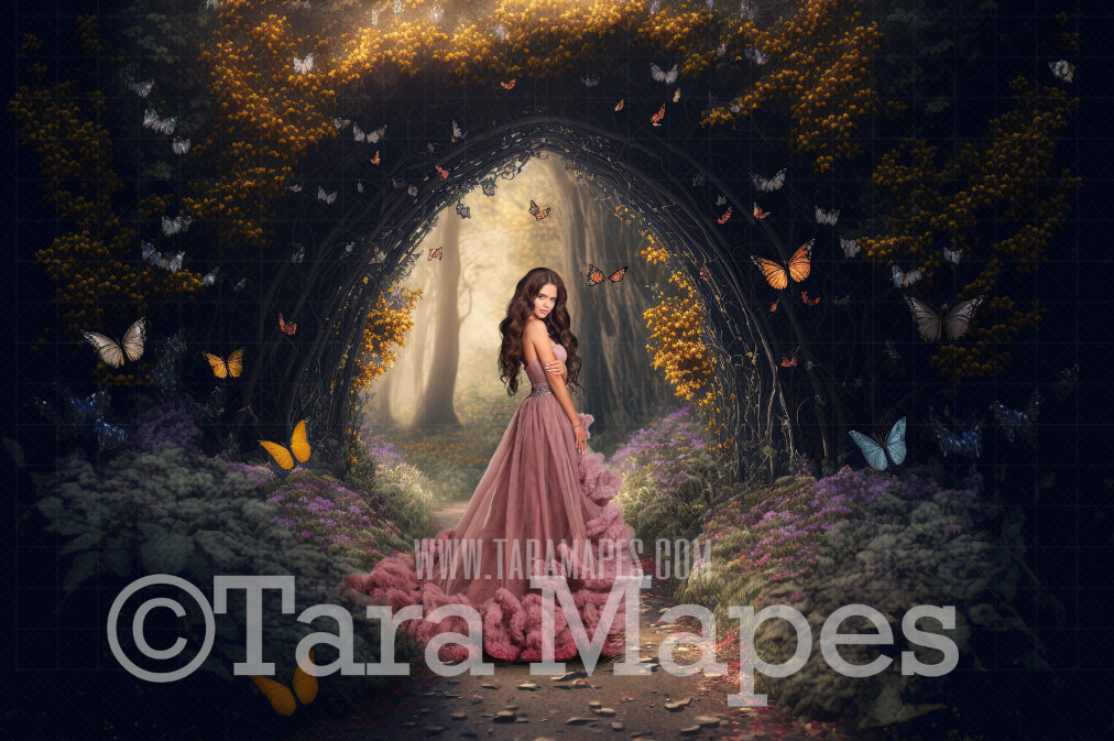 Enchanted Forest Digital Backdrop - Path in Fantasy Forest Garden with Butterflies - Floral Arch Pathway - Cascading Flowers in Garden -  Digital Background JPG