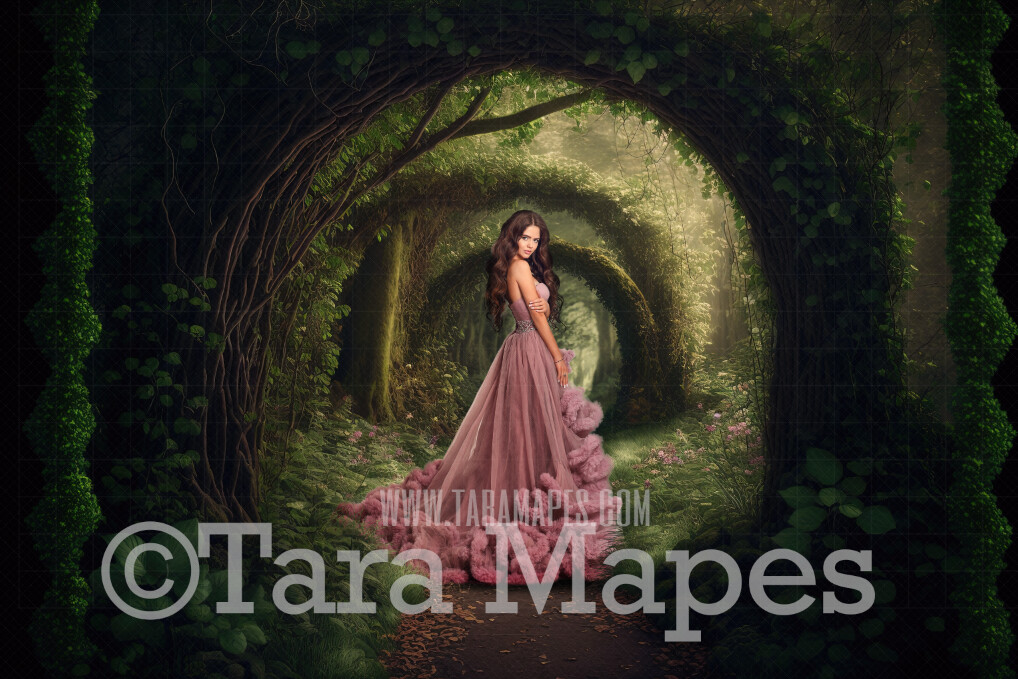 Enchanted Forest Digital Backdrop - Path in Fantasy Forest Garden - Floral Arch Pathway - Cascading Flowers in Garden -  Digital Background JPG