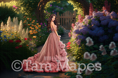 Garden Path Digital Backdrop - Path in Fantasy Garden - Floral Pathway - Cascading Flowers in Garden -  Digital Background JPG