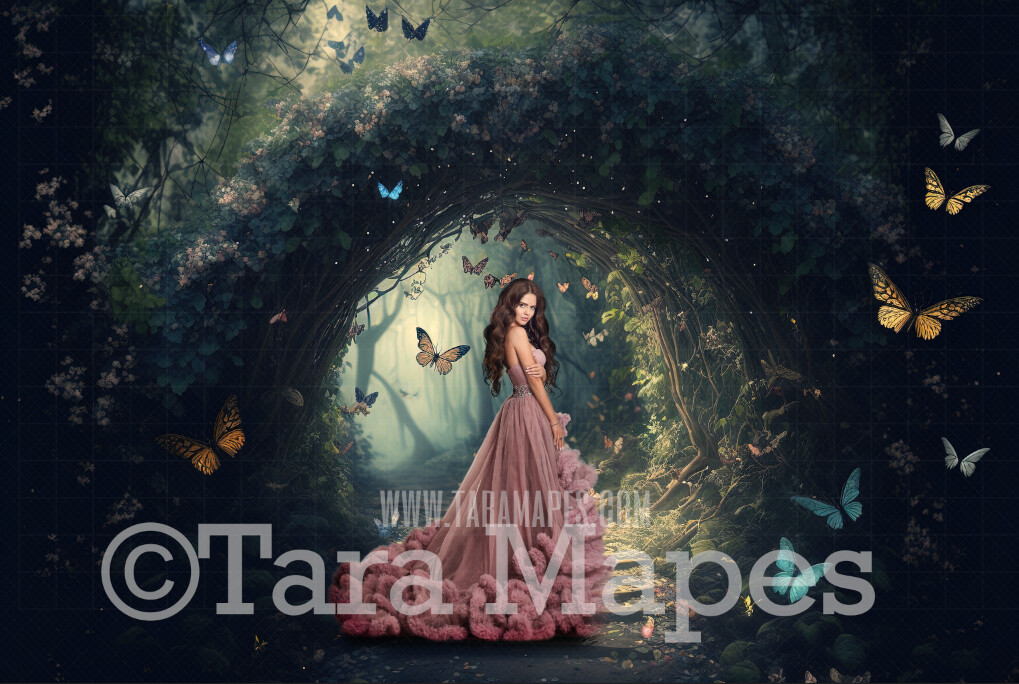Enchanted Forest Digital Backdrop - Path in Fantasy Forest Garden with Butterflies - Floral Arch Pathway - Cascading Flowers in Garden -  Digital Background JPG
