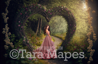 Floral Heart Path Digital Backdrop -  Valentine Forest with Magical Path Leading to Heart Arch of Flowers - Valentine Floral Forest - Fairytale Valentine Arch of Flowers Digital Background JPG