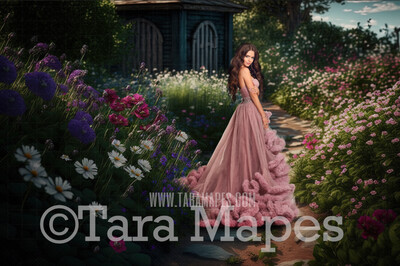 Garden Path Digital Backdrop - Path in Fantasy Garden - Floral Pathway - Cascading Flowers in Garden -  Digital Background JPG