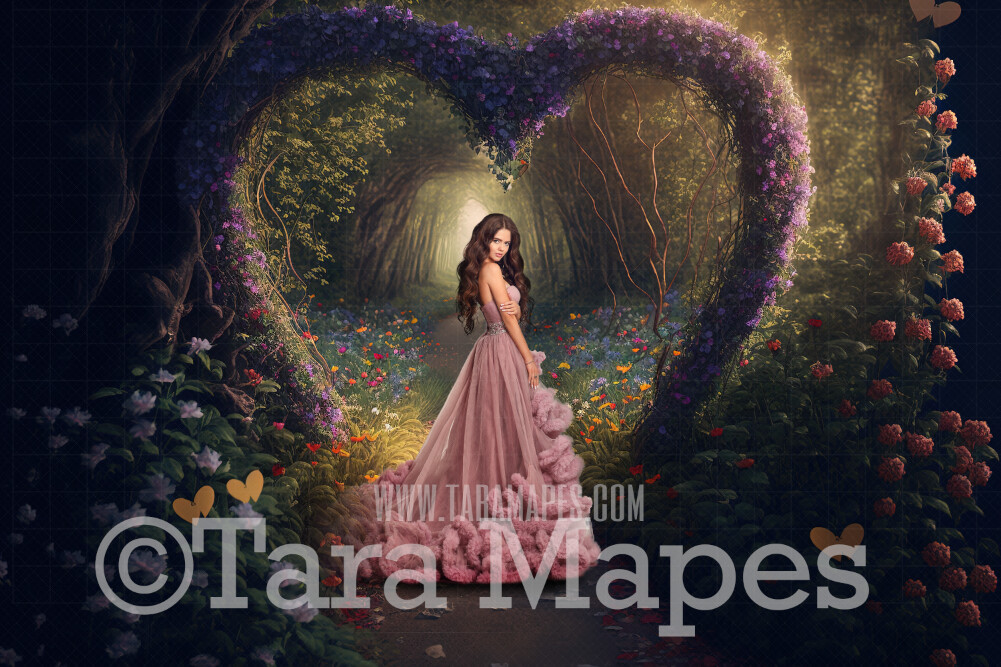 Floral Heart Path Digital Backdrop -  Valentine Forest with Magical Path Leading to Heart Arch of Flowers - Valentine Floral Forest - Fairytale Valentine Arch of Flowers Digital Background JPG