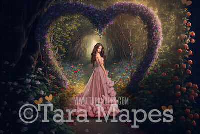 Floral Heart Path Digital Backdrop -  Valentine Forest with Magical Path Leading to Heart Arch of Flowers - Valentine Floral Forest - Fairytale Valentine Arch of Flowers Digital Background JPG