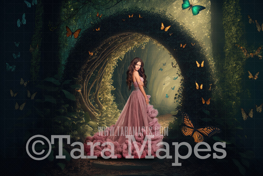 Enchanted Forest Digital Backdrop - Path in Fantasy Forest Garden with Butterflies - Floral Arch Pathway - Cascading Flowers in Garden -  Digital Background JPG