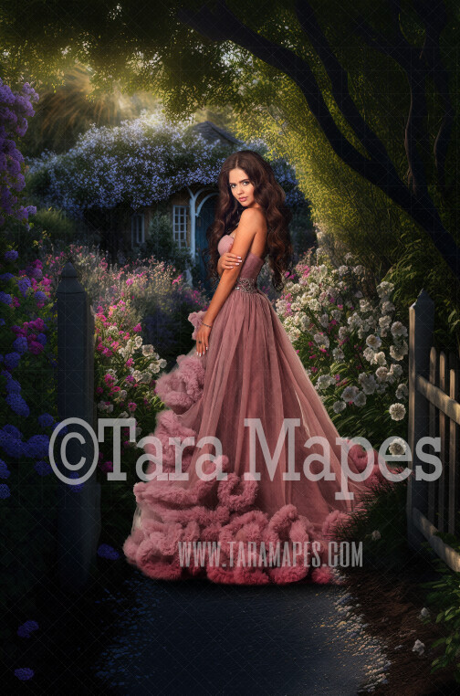 Garden Path Digital Backdrop - Path in Fantasy Garden by Cottage - Cottage Path - Floral Pathway - Cascading Flowers in Cottage Garden-  Digital Background JPG